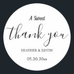 Elegant A Sweet Thank You Wedding Favour Classic Round Sticker<br><div class="desc">Elegant A Sweet Thank You Wedding Favour Classic Round Sticker

Elegant A Sweet Thank You Wedding Favour Stickers
wedding thank you, wedding stickers for favours, a sweet thank you sticker, party favour stickers, wedding box stickers, wedding party favour labels, wedding favour stickers, elegant, thank you stickers,  white</div>