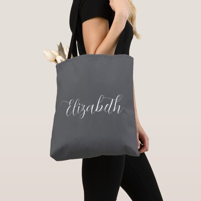 Elegant Abigail Script Personalised Name Grey Tote Bag (Close Up)
