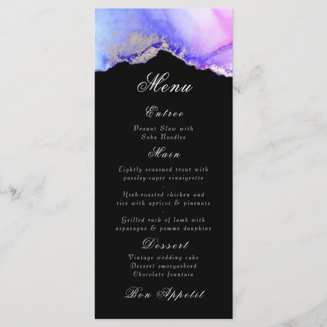 Elegant Abstract Amethyst Black Wedding Menu (Front)