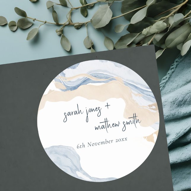 Elegant Abstract Blue Beige Coastal Beach Wedding Classic Round Sticker (Creator Uploaded)