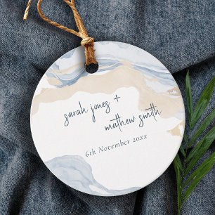 Elegant Abstract Blue Beige Coastal Beach Wedding Favour Tags