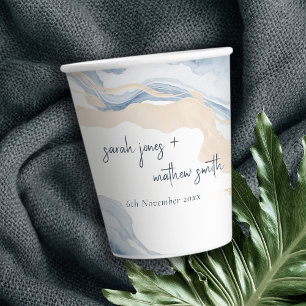 Elegant Abstract Blue Beige Coastal Beach Wedding Paper Cups