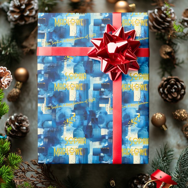 Elegant Abstract Blue Gift Wrap Personalised Text (Creator Uploaded)