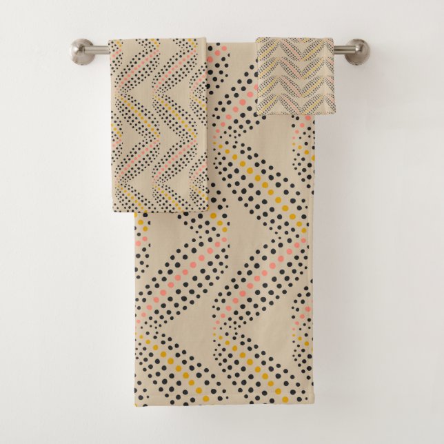 Elegant Abstract Botanical Dots Pattern Sand Black Bath Towel Set (Insitu)
