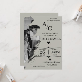 Elegant Abstract Brush Stroke Grey Photo Wedding I Invitation
