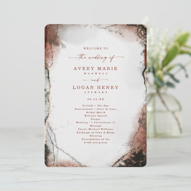Elegant Abstract Burnt Orange Wedding Ceremony Programme (Standing Front)