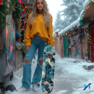 Elegant Abstract Fan Pattern in Contemporary Blue  Skateboard