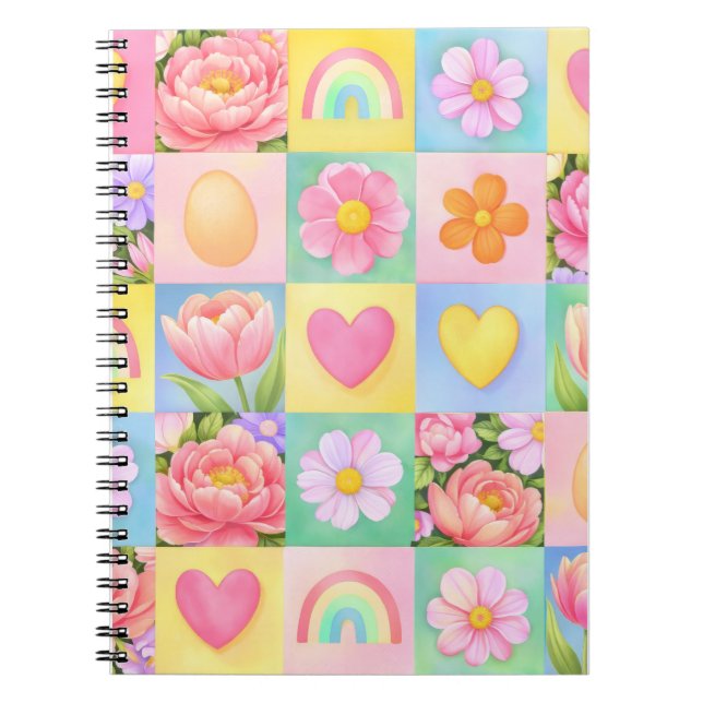 Elegant Abstract Floral Checkerboard Pattern Notebook (Front)
