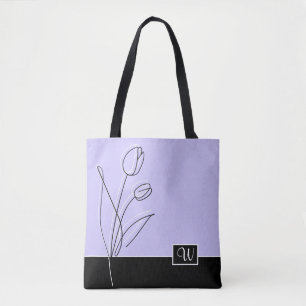 Elegant Abstract Floral Line Art Monogram Tote Bag