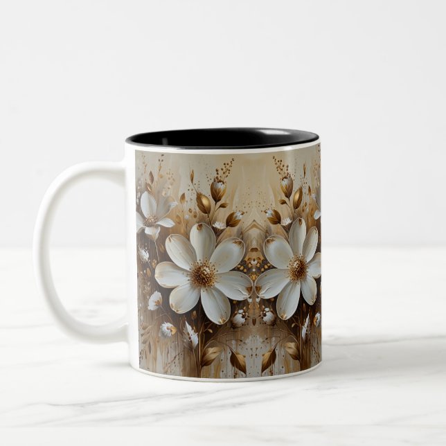 Elegant Abstract Floral Oil Painting with Gold Two-Tone Coffee Mug (Left)