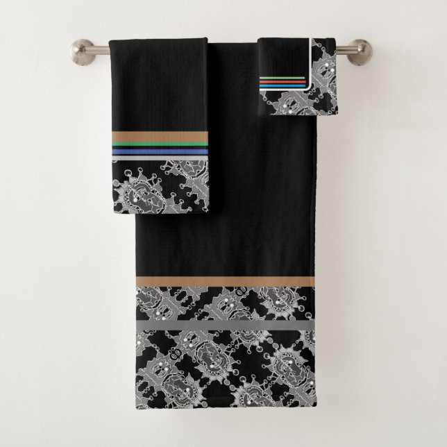 Elegant Abstract Geometric Pattern Black Bath Towel Set (Insitu)