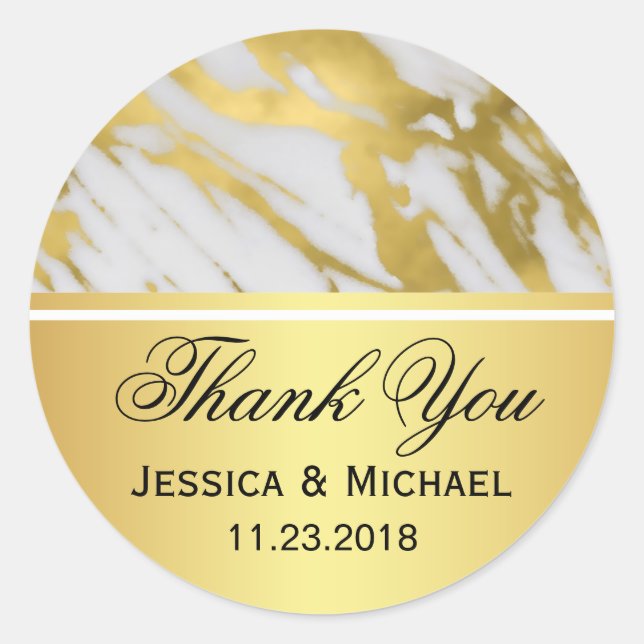 Elegant Abstract Gold and White Marble Wedding Classic Round Sticker (Front)