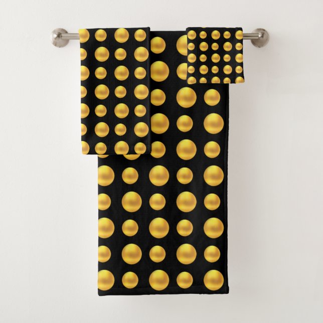 Elegant Abstract Golden Dots on Black Bath Towel Set (Insitu)