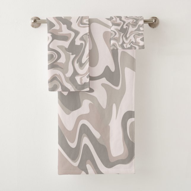 Elegant Abstract Grey Marble Wavy Stripe Modern Bath Towel Set (Insitu)