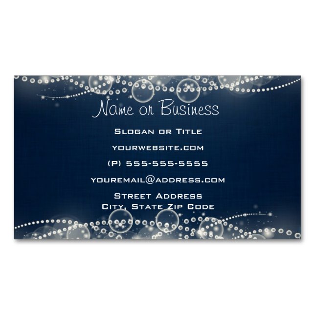 Elegant Abstract Lace and Pearls on Dark Blue Magnetic Business Card (Front)