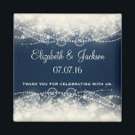 Elegant Abstract Lace and Pearls Wedding Favour Magnet<br><div class="desc">A fancy elegant abstract design with cream coloured lace and pearls made with circles and bubbles. The background is dark blue with faded squares off to the side. Pretty and delicate design. Customise / personalise with the groom and brides name and wedding date, with text that reads" thank you for...</div>