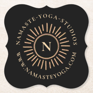 Elegant Abstract Monogram Black Yellow Gold Paper Coaster