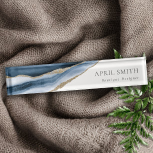 Elegant Abstract Navy Blue Agate Gold Watercolor Nameplate