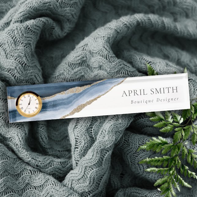 Elegant Abstract Navy Blue Agate Gold Watercolor Nameplate (Creator Uploaded)