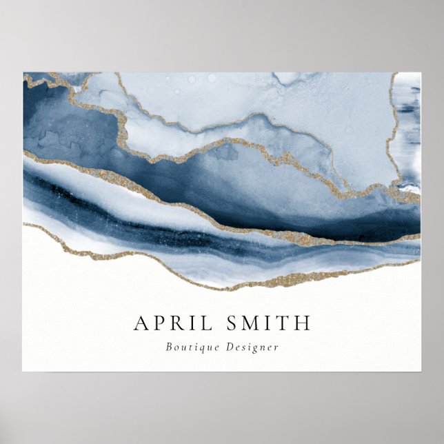 Elegant Abstract Navy Blue Agate Gold Watercolor Poster (Front)