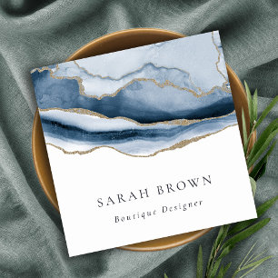 Elegant Abstract Navy Blue Agate Gold Watercolor Square Business Card
