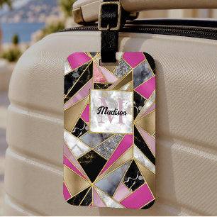Elegant abstract pink black geometric luggage tag