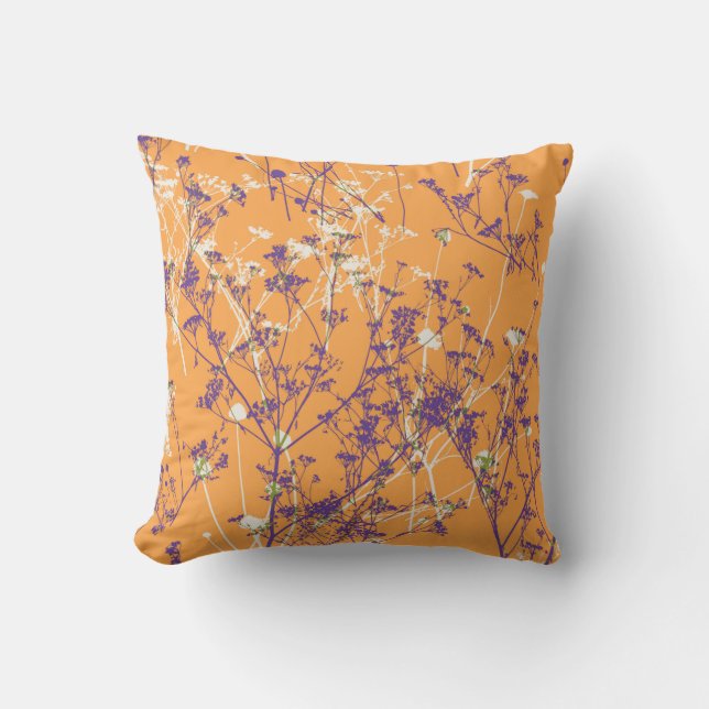 Elegant Abstract Purple Wildflowers on Orange Cushion (Front)