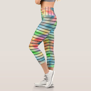Elegant Abstract Rainbow Colours Black Stripes Capri Leggings