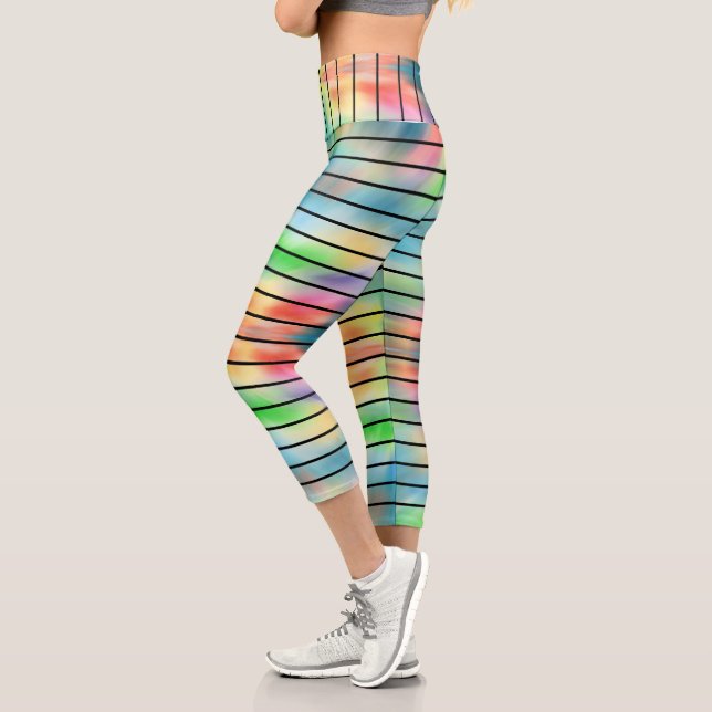 Elegant Abstract Rainbow Colours Black Stripes Capri Leggings (Left)