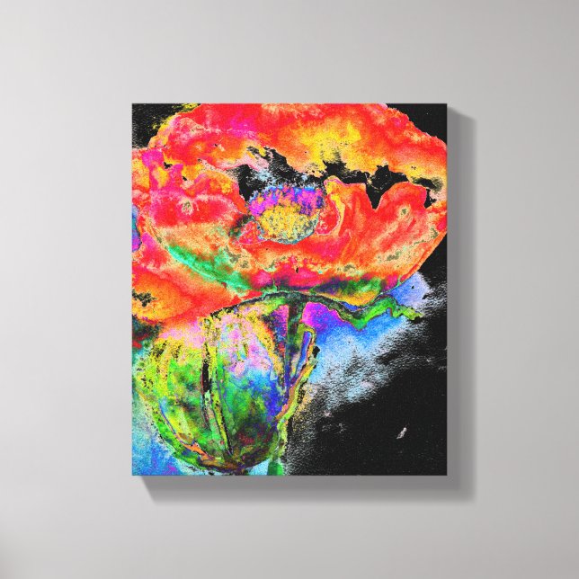 Elegant abstract red floral watercolor black canvas print (Front)