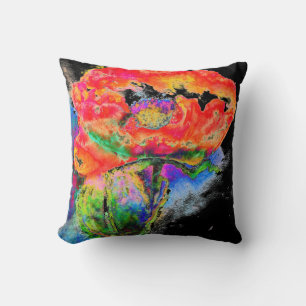 Elegant abstract red floral watercolor black cushion