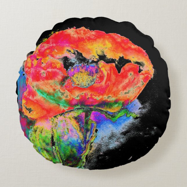 Elegant abstract red floral watercolor black round cushion (Front)