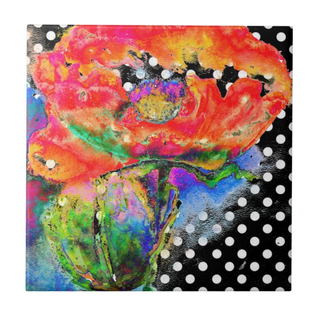 Elegant abstract red floral watercolor polka dot tile (Front)