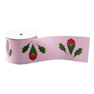 Elegant Abstract Red Roses & Holly Holiday Pink   Grosgrain Ribbon