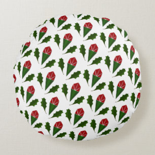 Elegant Abstract Red Roses & Leaves Floral Pattern Round Cushion