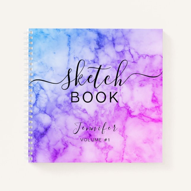 Elegant Abstract Sketchbook Name Script Marble Notebook (Front)