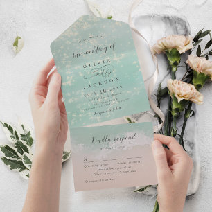 Elegant abstract sparkling ocean beach wedding all in one invitation