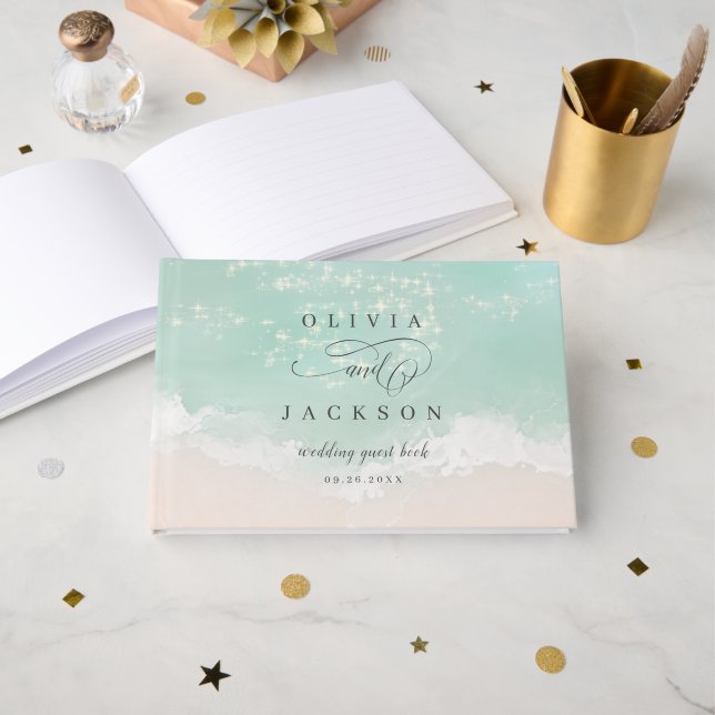 Elegant abstract sparkling ocean beach wedding guest book (Front Open)