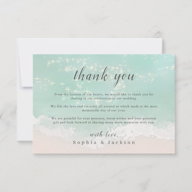 Elegant abstract sparkling ocean beach wedding thank you card (Front)