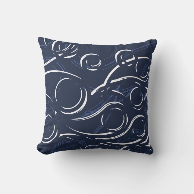 Elegant Abstract Swirls | Navy Blue & White Cushion (Front)