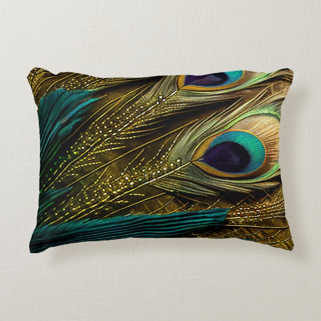 Elegant Abstract Teal Blue Gold Peacock Feathers | Decorative Cushion (Front)