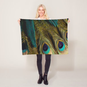 Elegant Abstract Teal Blue Gold Peacock Feathers   Fleece Blanket