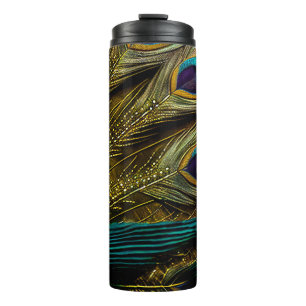 Elegant Abstract Teal Blue Gold Peacock Feathers Thermal Tumbler