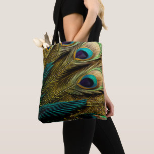 Elegant Abstract Teal Blue Gold Peacock Feathers Tote Bag