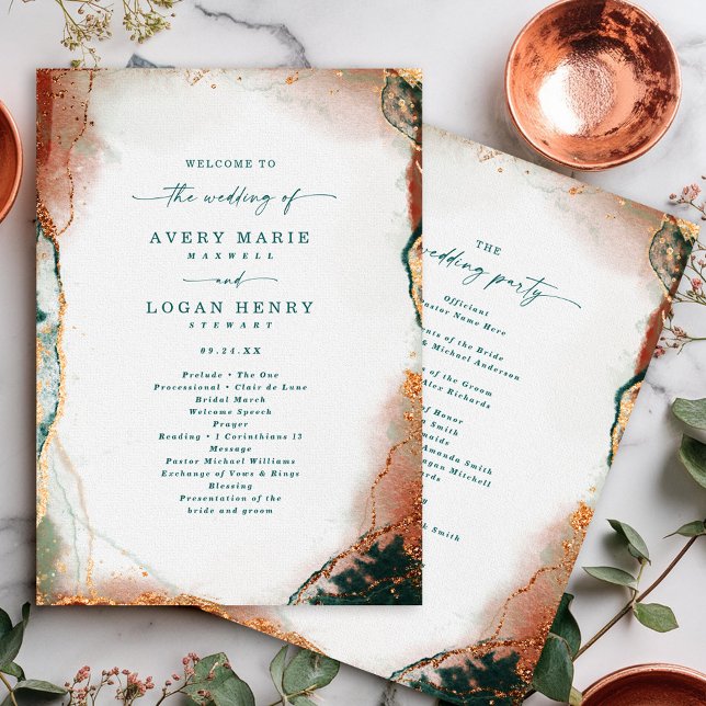 Elegant Abstract Teal & Copper Wedding Ceremony Programme (Modern teal and copper wedding ceremony program with abstract design.)