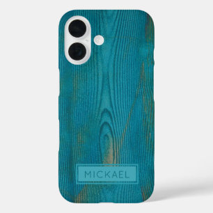 Elegant Abstract Teal Wood grain Texture Monogram iPhone 16 Case