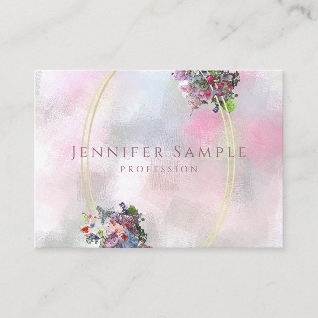 Elegant Abstract Watercolor Flowers Gold Frame Top Business Card (Front)