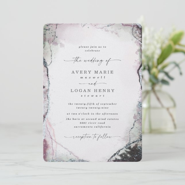 Elegant Abstract Watercolor Light Purple Wedding Invitation (Standing Front)