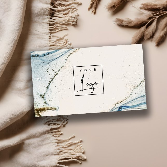 Elegant Abstract Watercolor Logo Blue Gold Beachy Business Card (Creator Uploaded)