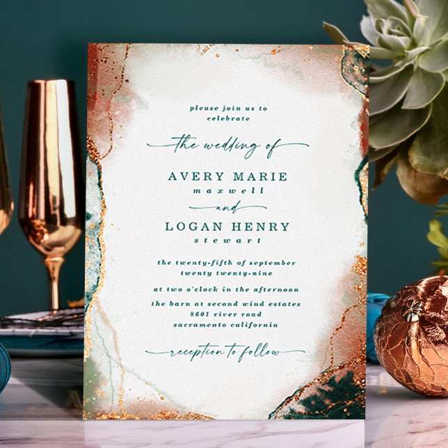 Elegant Abstract Watercolor Teal & Copper Wedding Invitation (Teal and Copper Abstract Wedding Invitations)